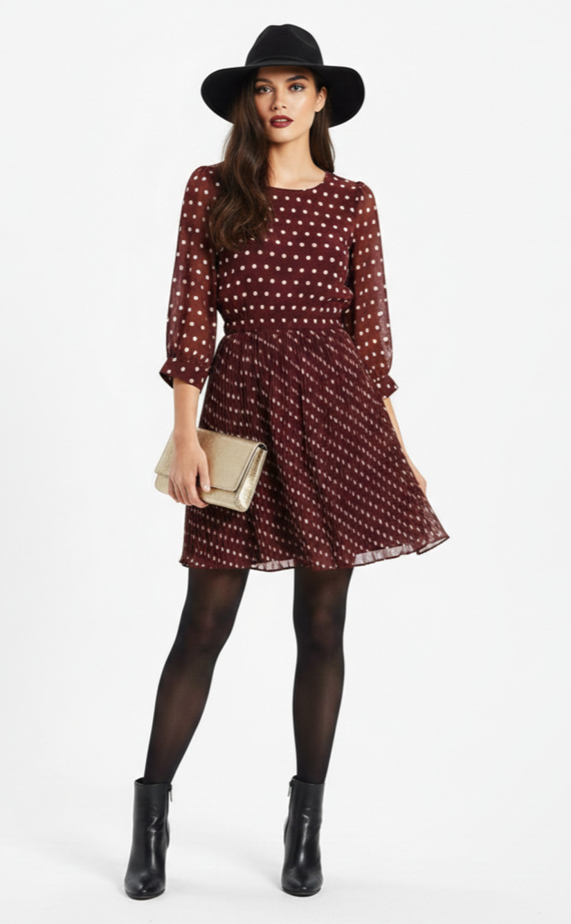 NWT Forever 21 Burgundy Taupe Polka Dot Pleated Boho Coquette Mini Dress, Small